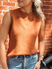 rust mock neck scalloped trim sleeveless sweater