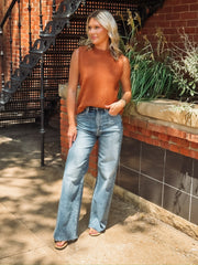 rust mock neck scalloped trim sleeveless sweater