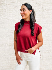 Hi low short sleeve turtle neck sweater vest in wine.