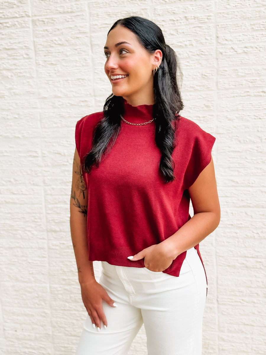 Hi low short sleeve turtle neck sweater vest in wine.