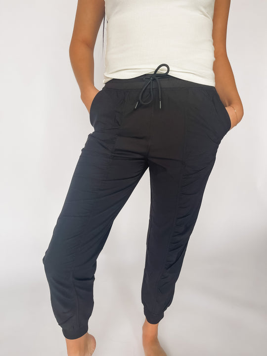 black ruched joggers