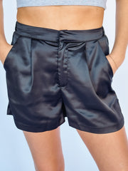 black satin pleated shorts