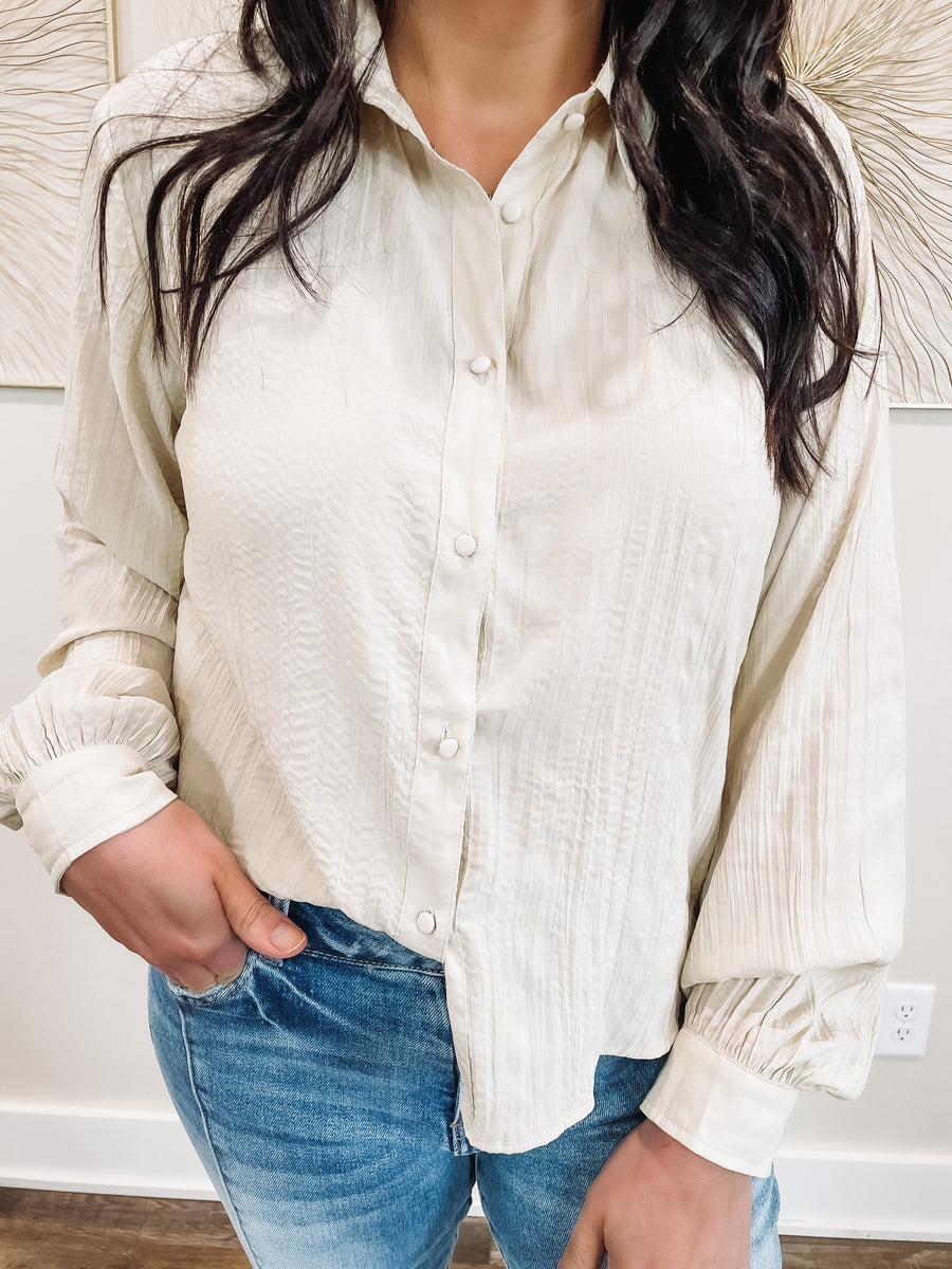 Cream crinkle long sleeve blouse