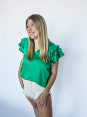 green satin ruffle sleeve blouse