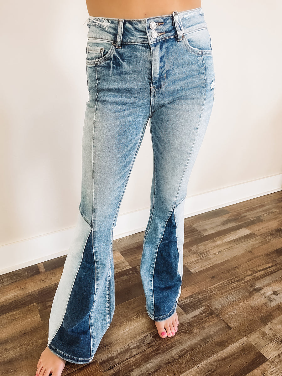 mixed wash panel flare jeans