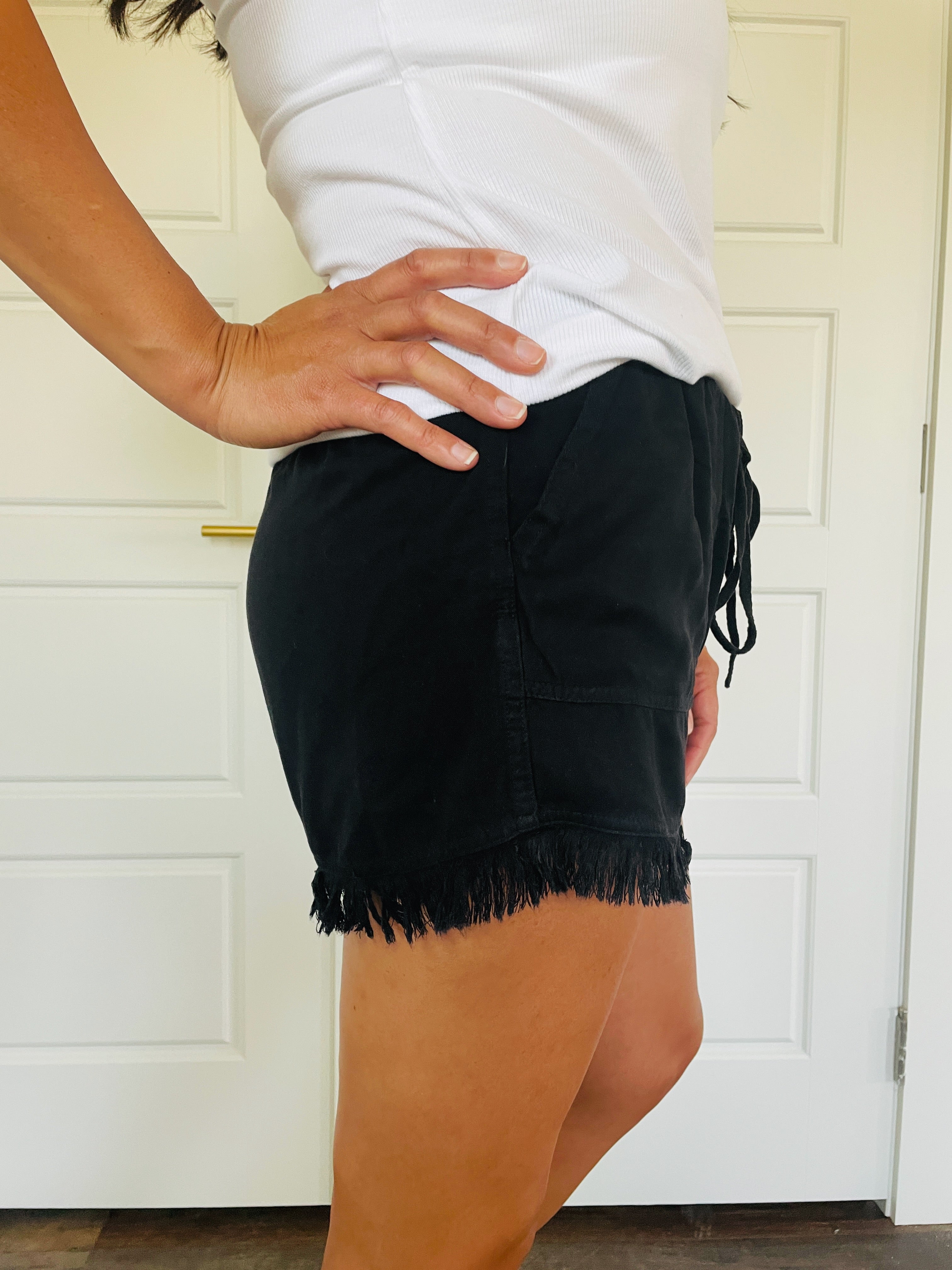 black drawstring shorts