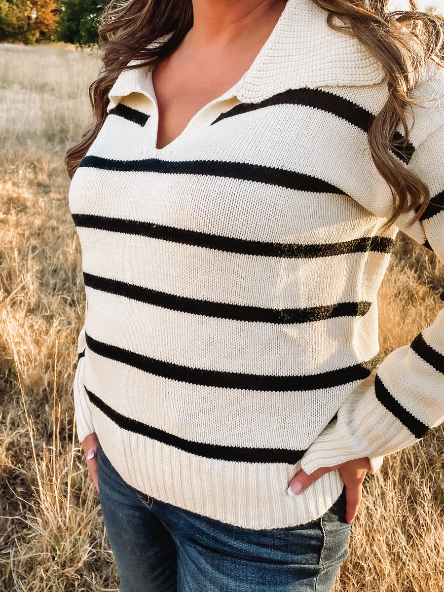 shawl collared black and white striped sweater