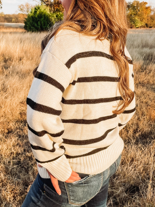 shawl collared black and white striped sweater