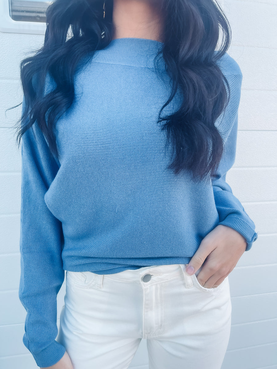 blue off shoulder sweater