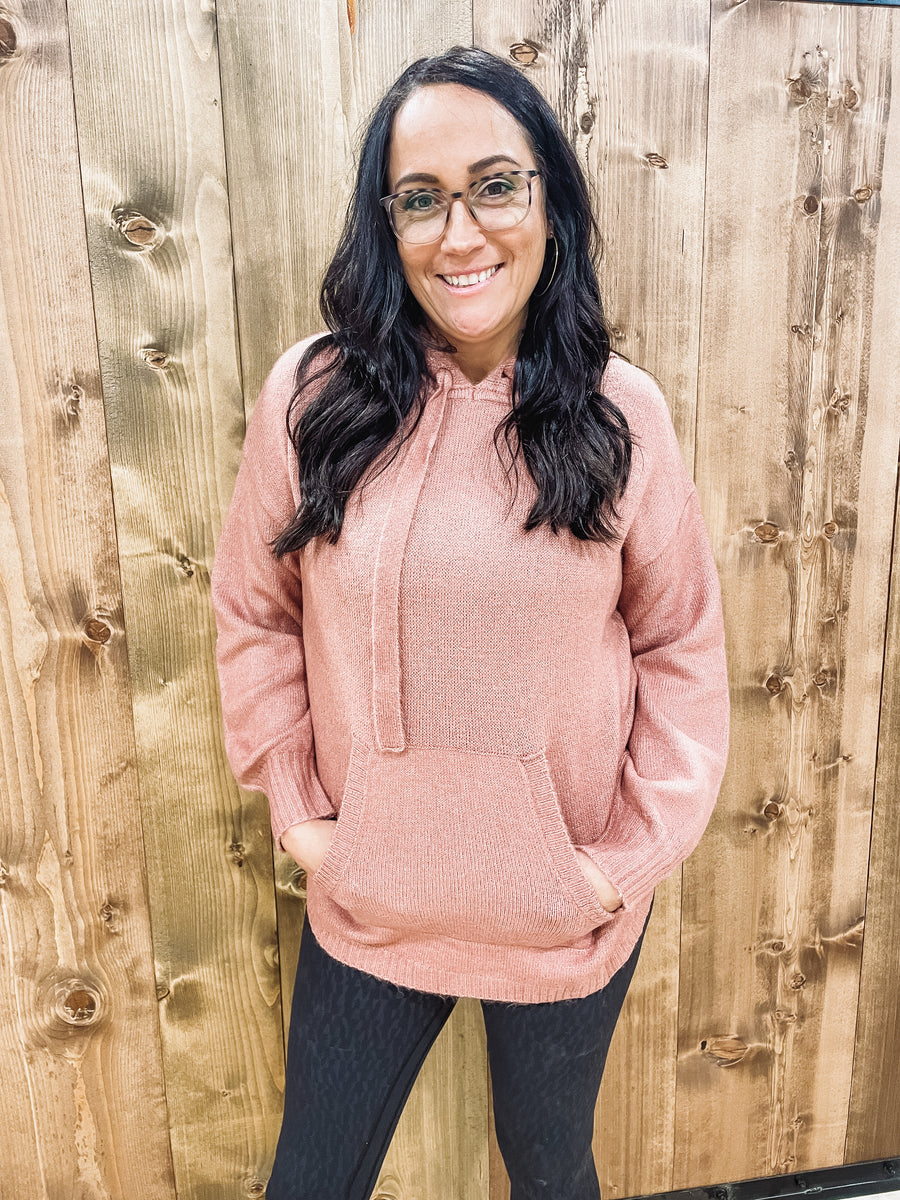 pink knit hoodie sweater