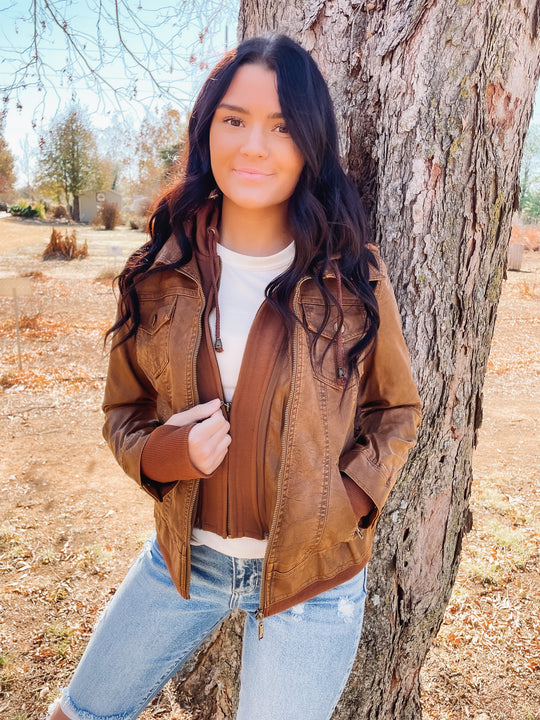 brown leather jacket